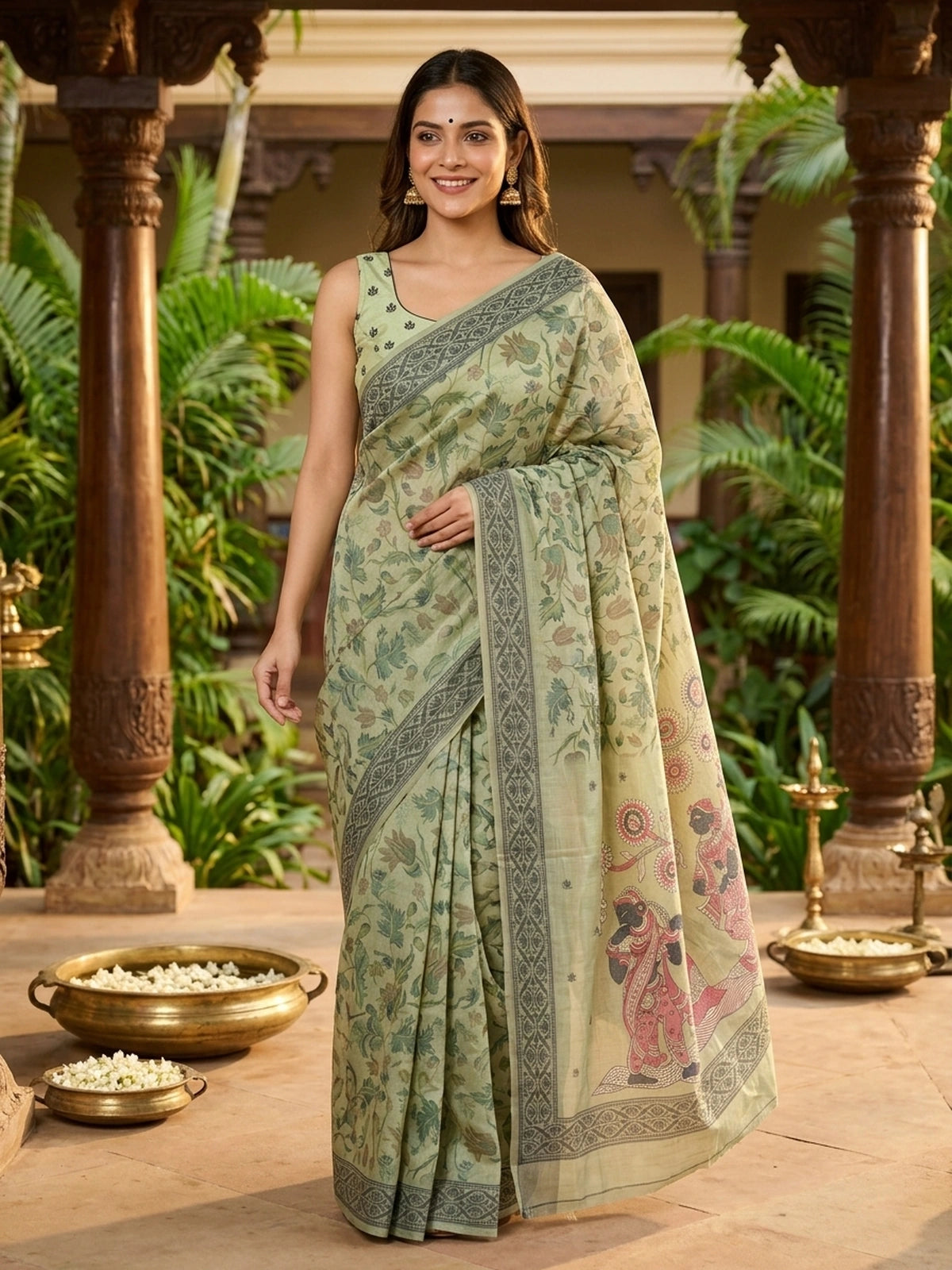 Sage Green and Grey Linen Cotton Saree