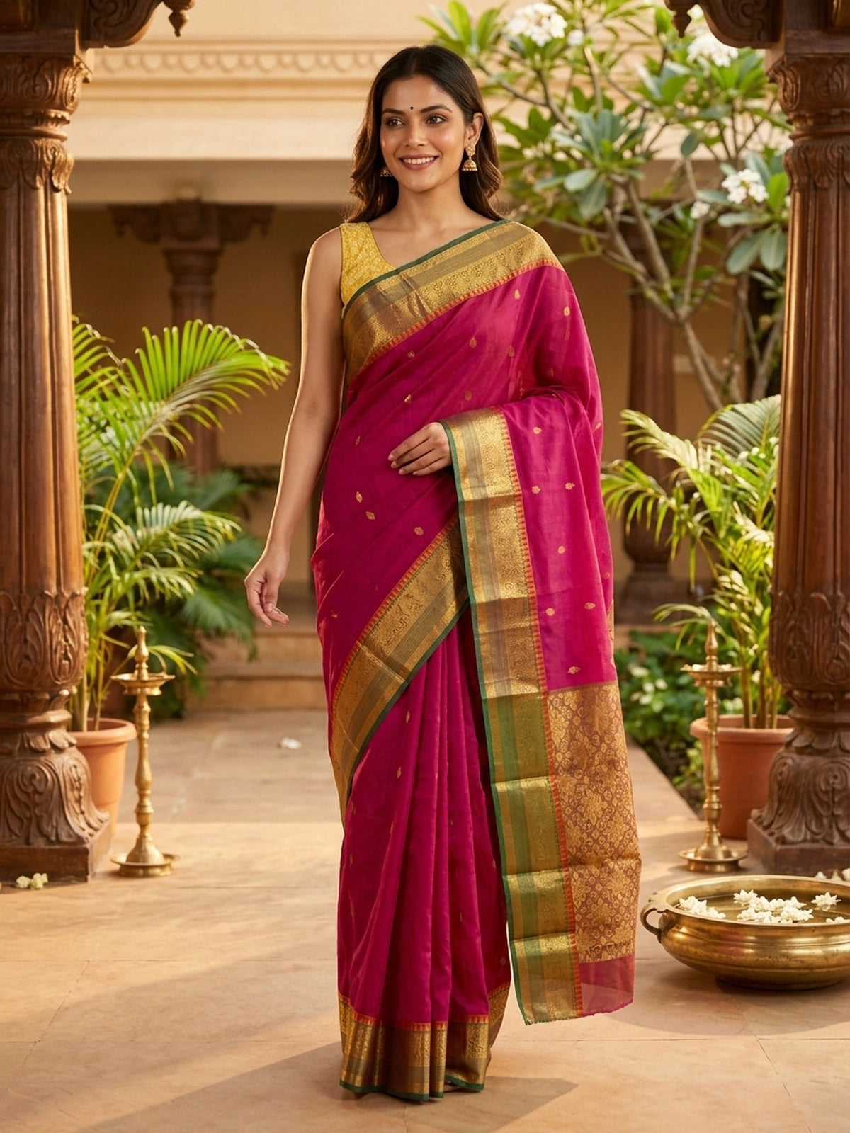 Pink and Green Chettinad Cotton Saree
