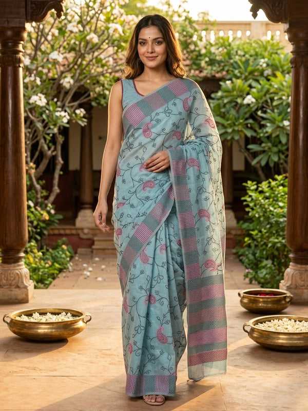 Aqua blue linen cotton saree with pink kantha paisley embroidery and contrast striped border