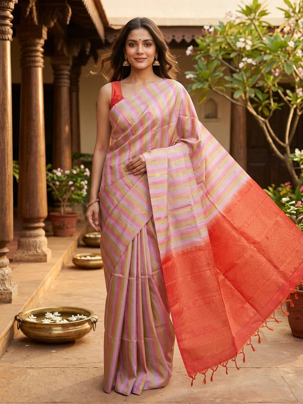 Multicoloured striped soft silk saree with gold zari buttas and contrast orange-red zari border and pallu