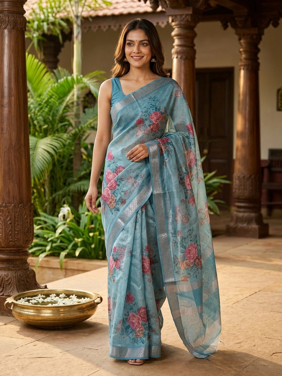 Sky Blue and Pink Floral Semi Tussar Saree