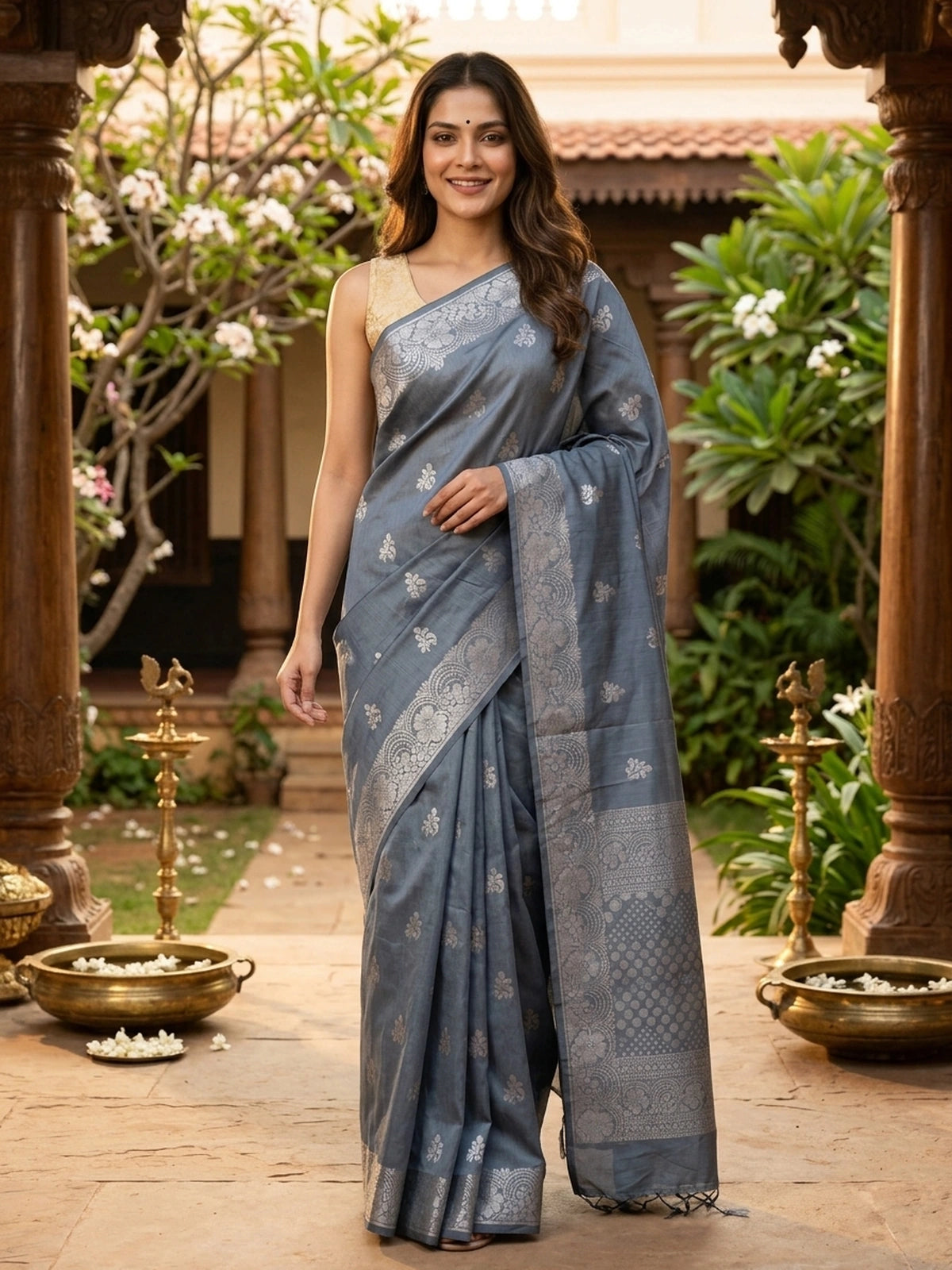 Grey silk cotton saree with silver zari floral buttas and ornate zari pallu