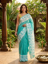 Teal and White Linen Cotton Saree