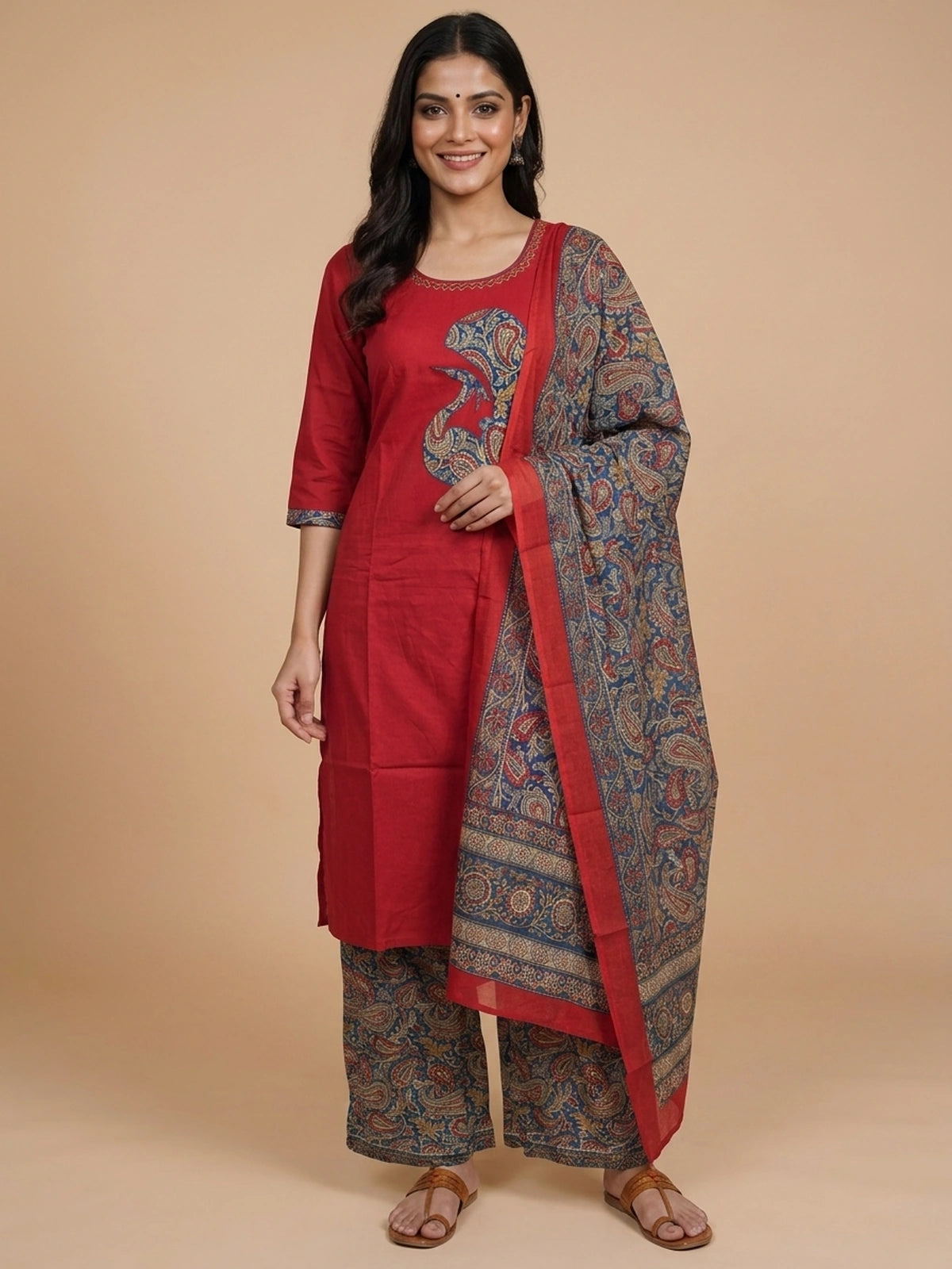Red cotton straight cut kurti set with Kalamkari paisley applique, printed palazzo and dupatta