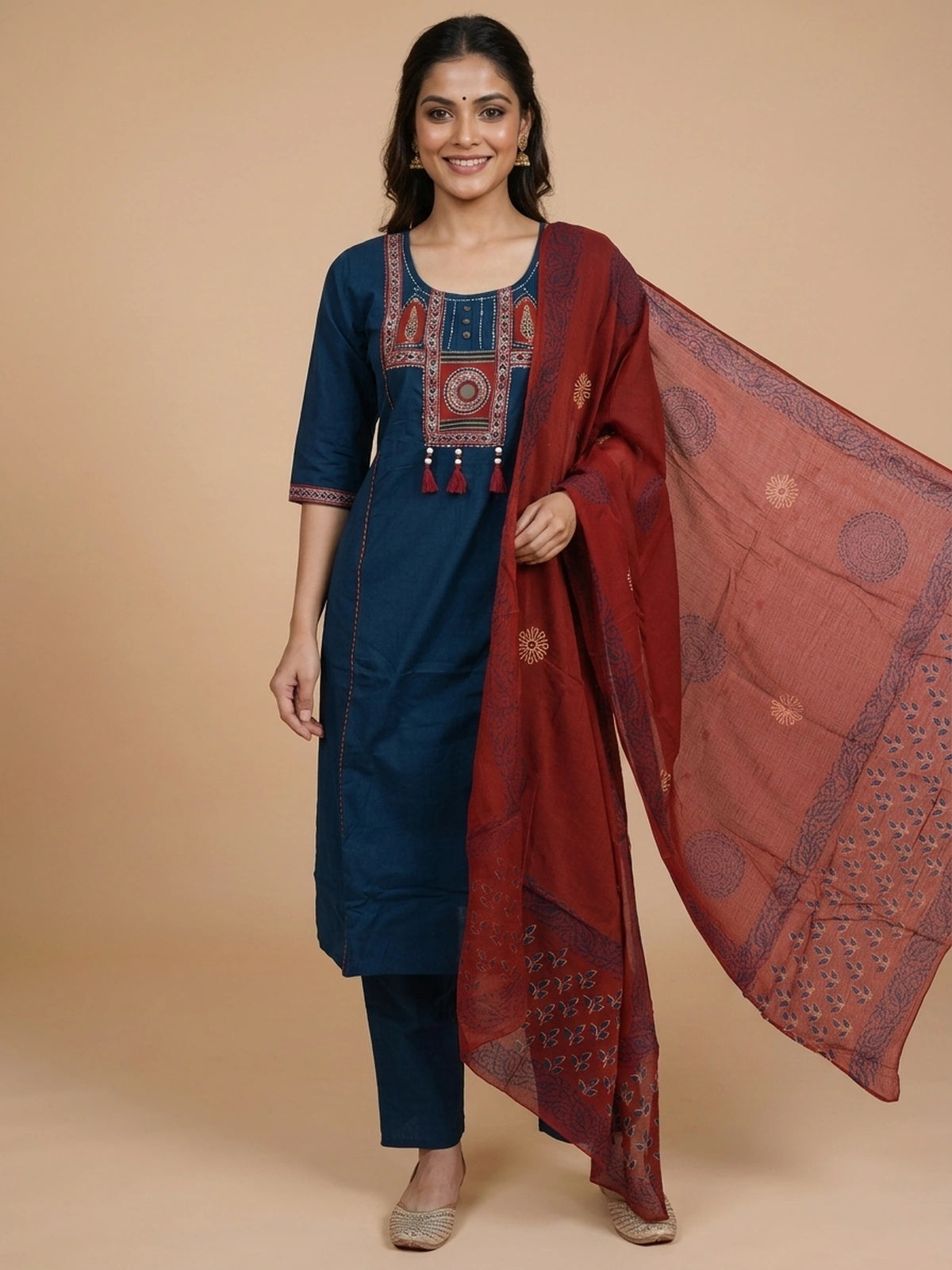 Teal Blue cotton straight cut kurti set with maroon mirror work embroidered yoke and block-printed dupatta