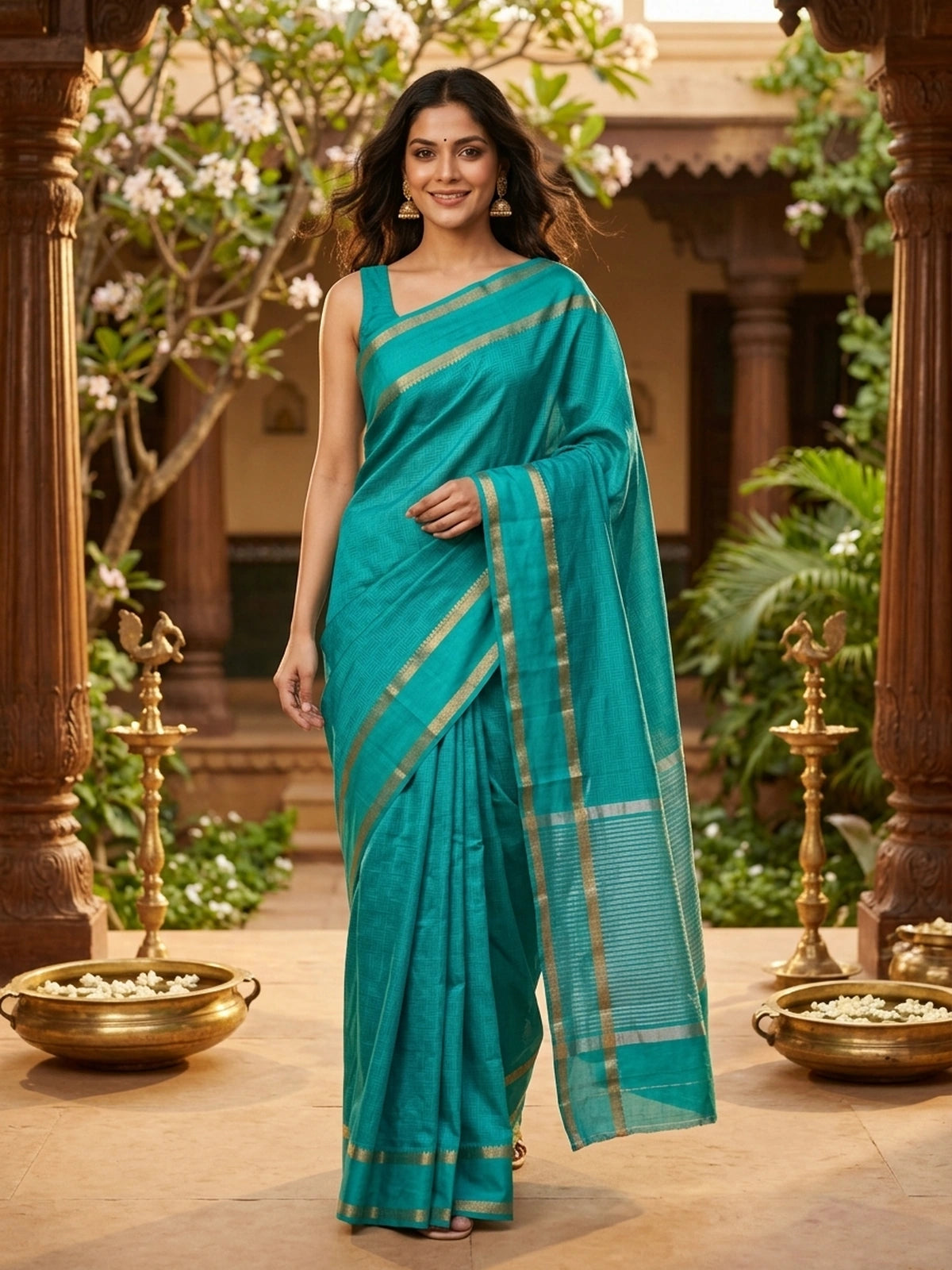 Teal Green Semi Tussar Saree