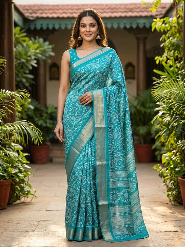 Teal blue designer saree with white Warli tribal print and gold zari border
