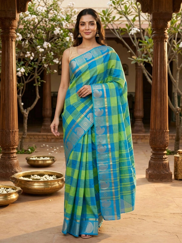 Blue and green checked Chettinad cotton saree with contrast gold zari paisley border