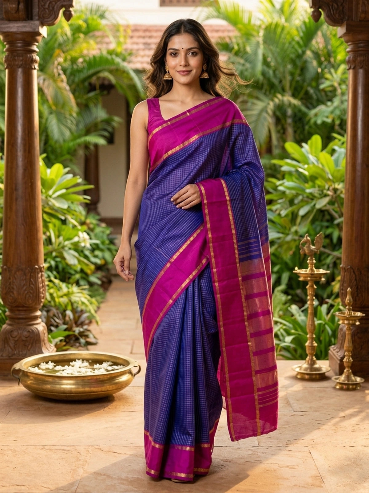 Royal Blue and Magenta Pink Pure Kanchipuram Silk Saree