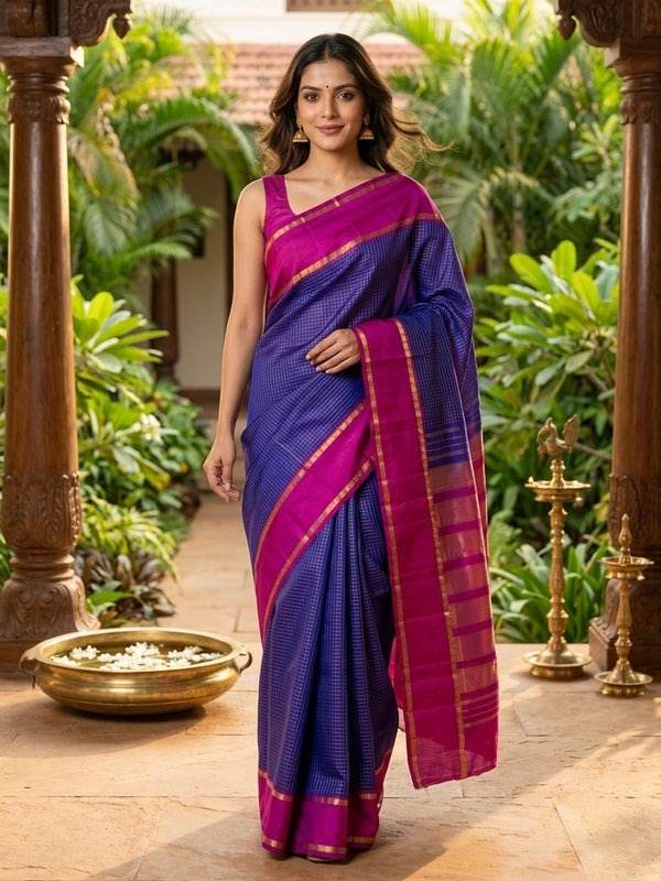 Royal blue pure Kanchipuram silk saree with gold zari checks and contrast magenta pink zari border