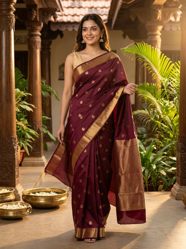Maroon pure Kanchipuram silk saree with gold zari buttas and contrast zari border