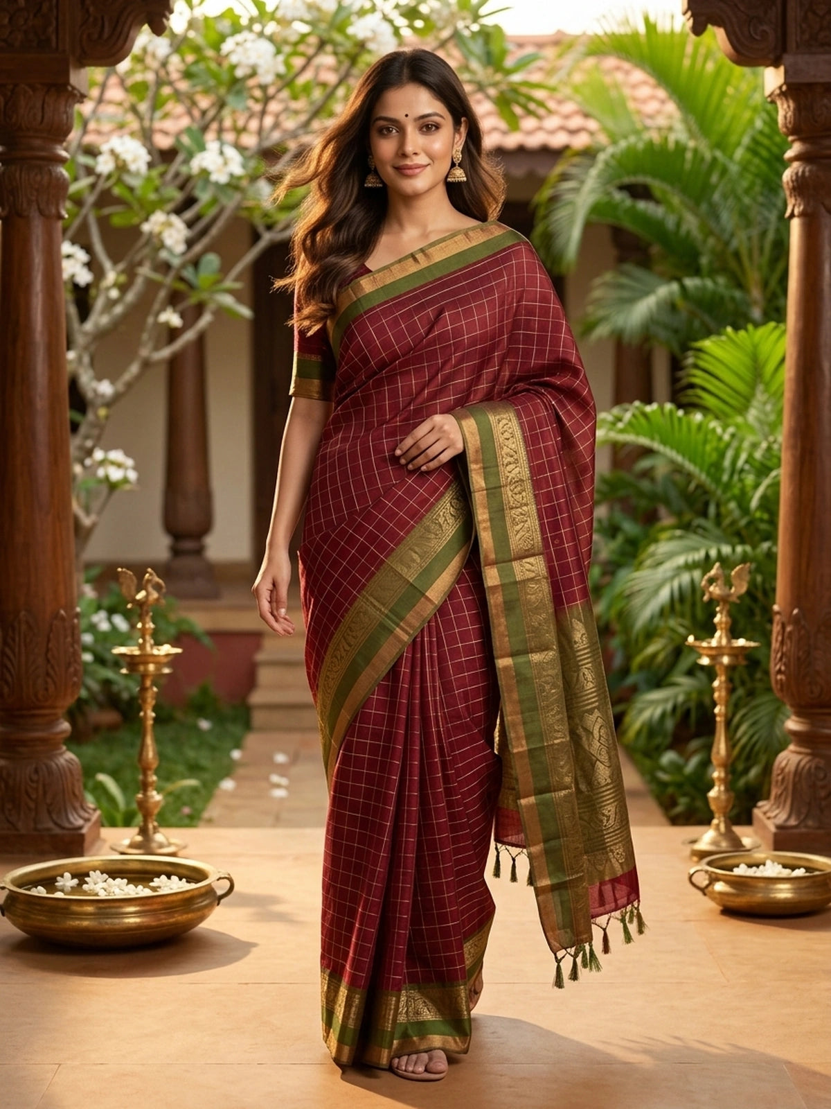 Maroon and Green Pure Silk Cotton Saree
