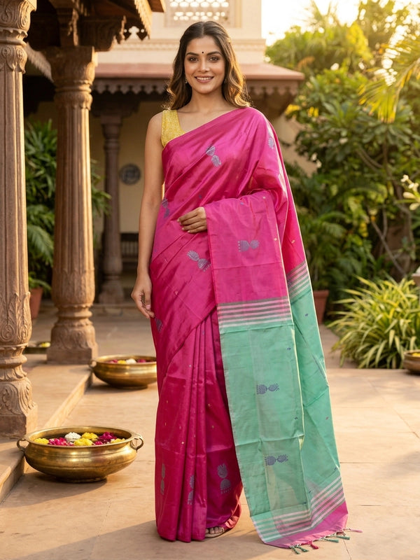 Pink banana silk saree with contrast green pallu and woven peacock motifs