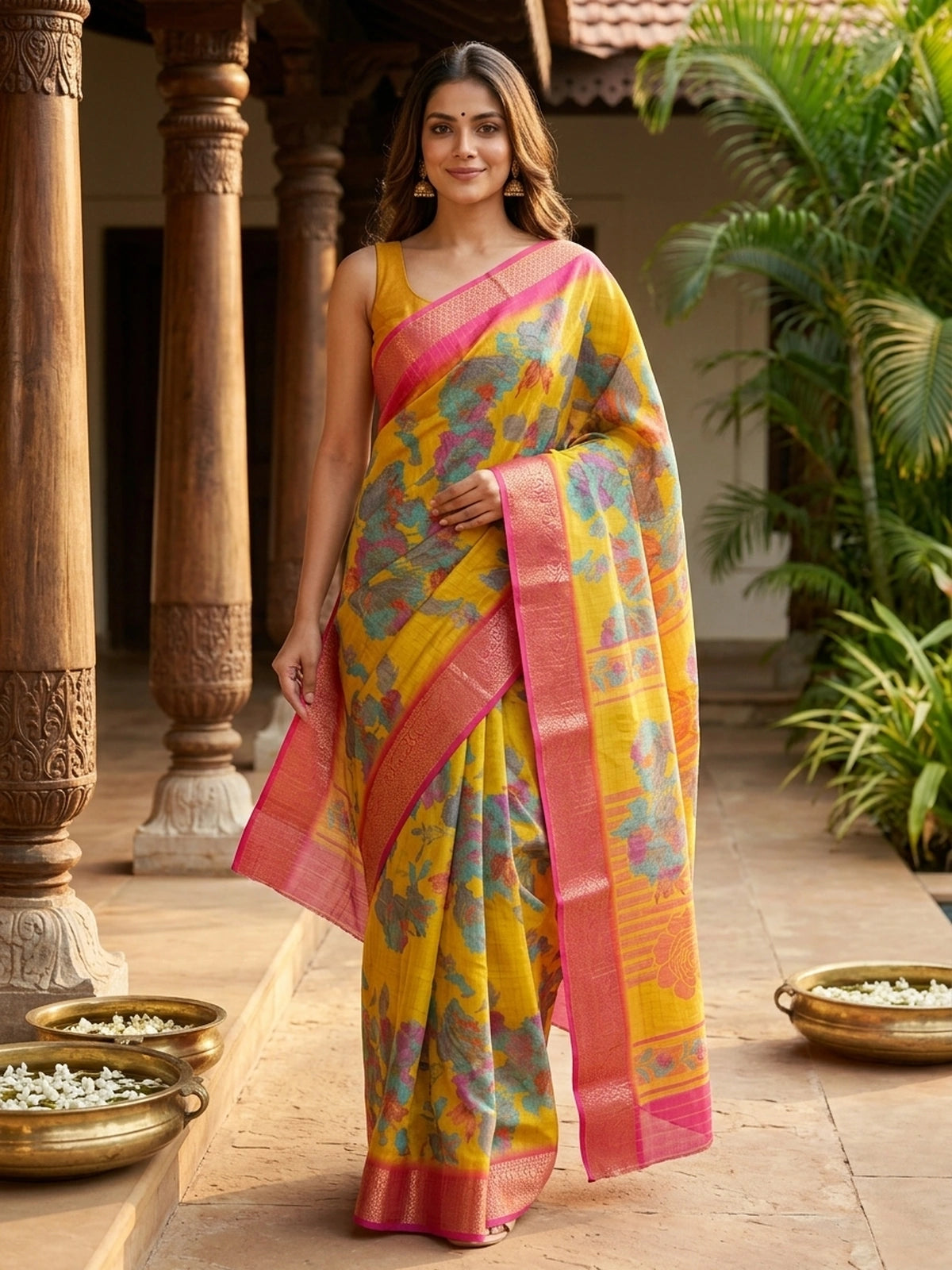 Yellow Dola silk saree with multicoloured floral print and contrast pink zari border