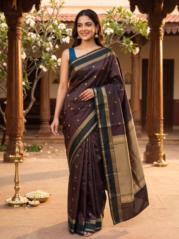 Wine brown Kanchi semi silk saree with contrast green and gold zari border and floral buttas