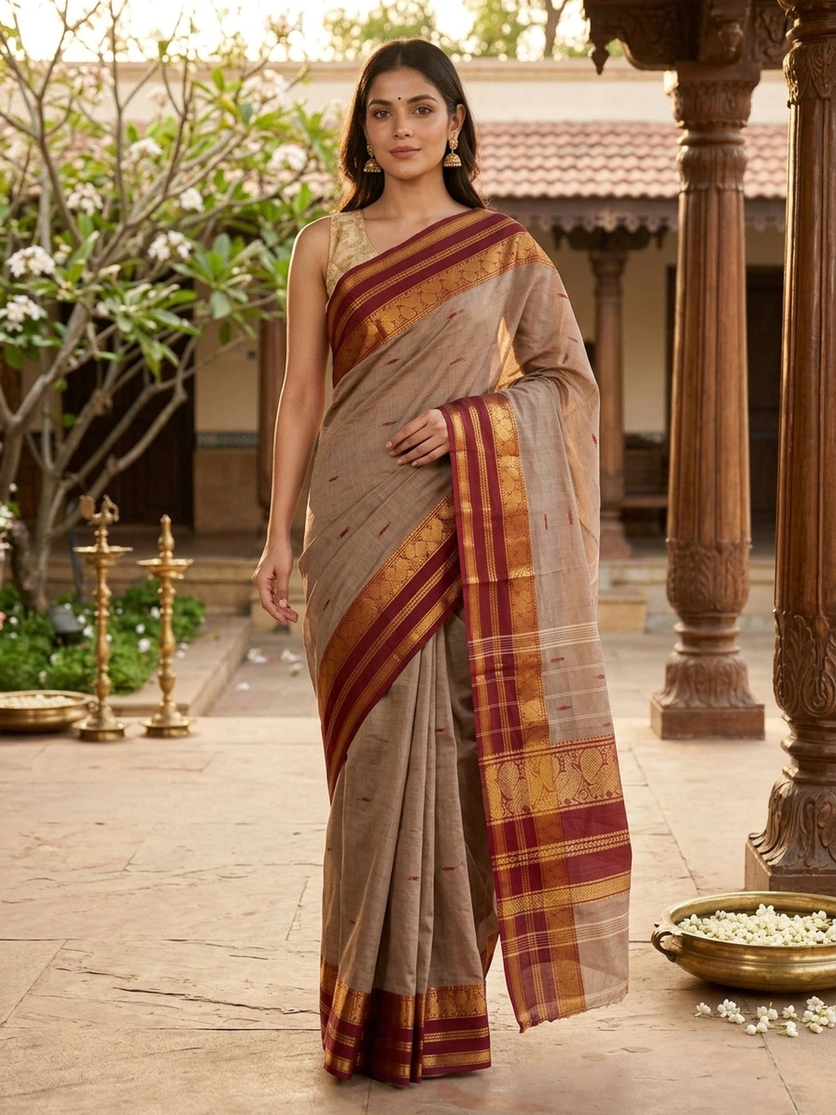Taupe-grey Chettinad cotton saree with maroon and gold zari contrast border and red butta motifs