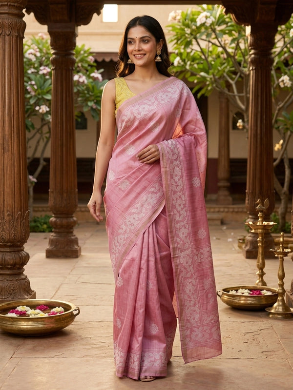 Rose pink Dola silk saree with white woven floral and geometric motifs and tissue border