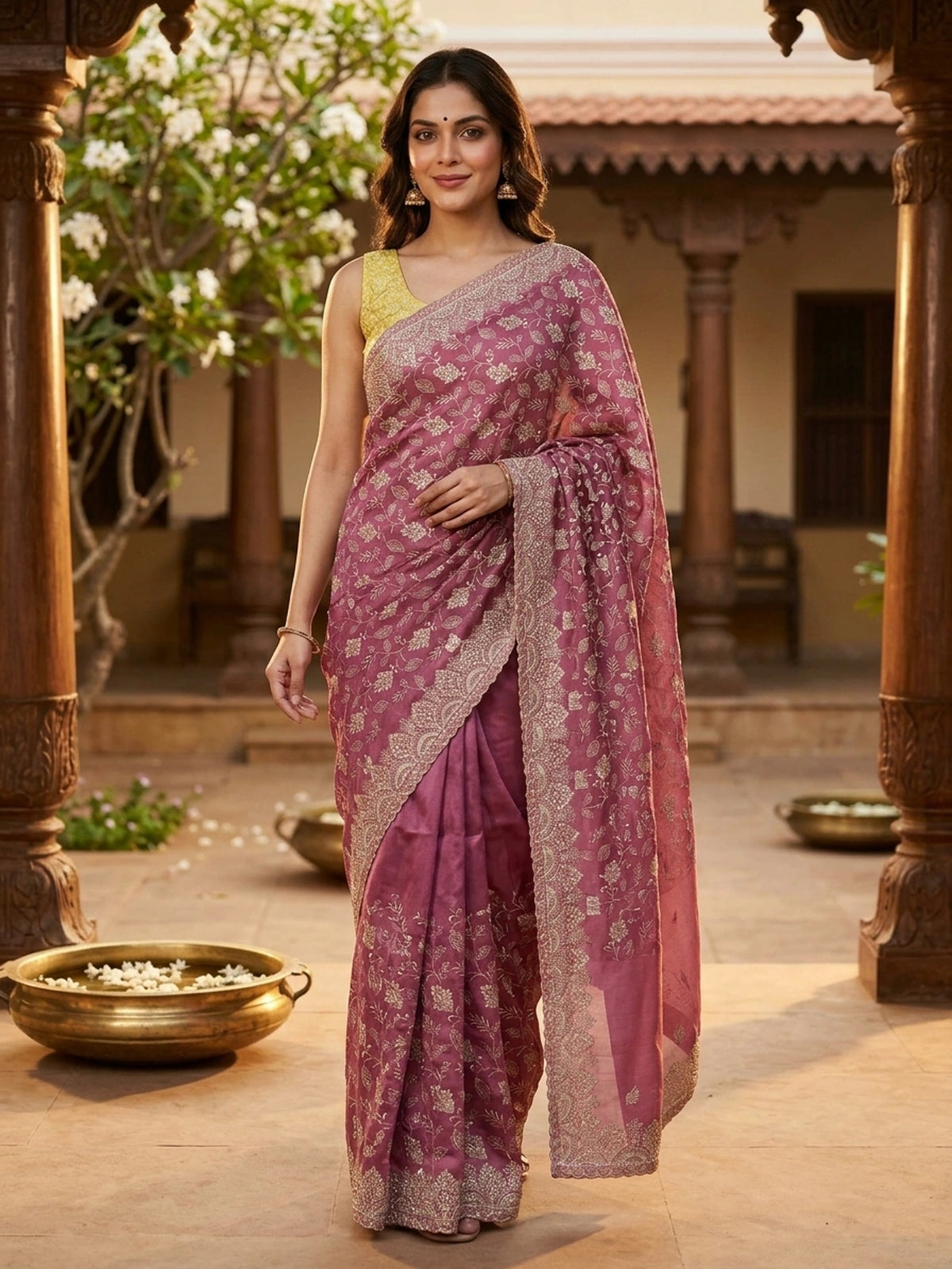 Mauve pink organza designer saree with gold floral zari embroidery and scalloped border