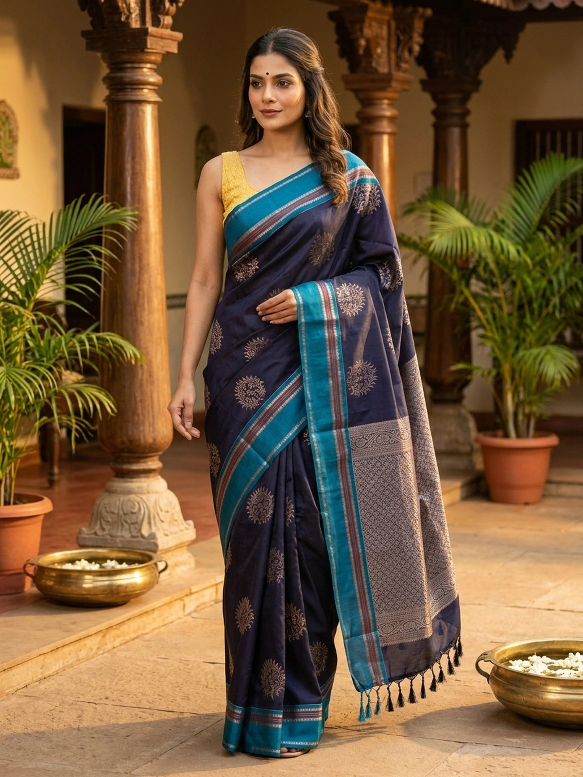 Navy blue Kanchipuram fancy silk saree with peacock blue contrast border and silver zari floral buttas