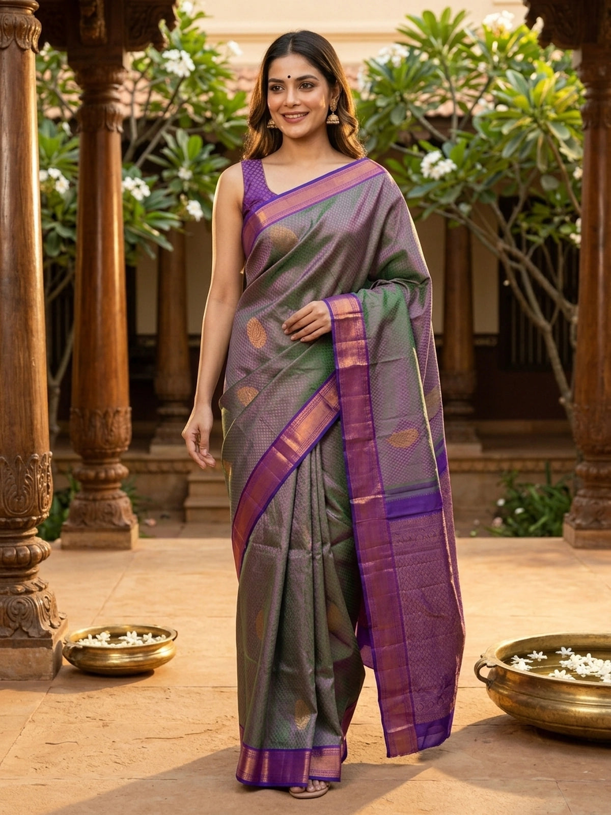 Mauve and violet pure Kanchipuram silk saree with gold zari buttas and contrast violet zari border