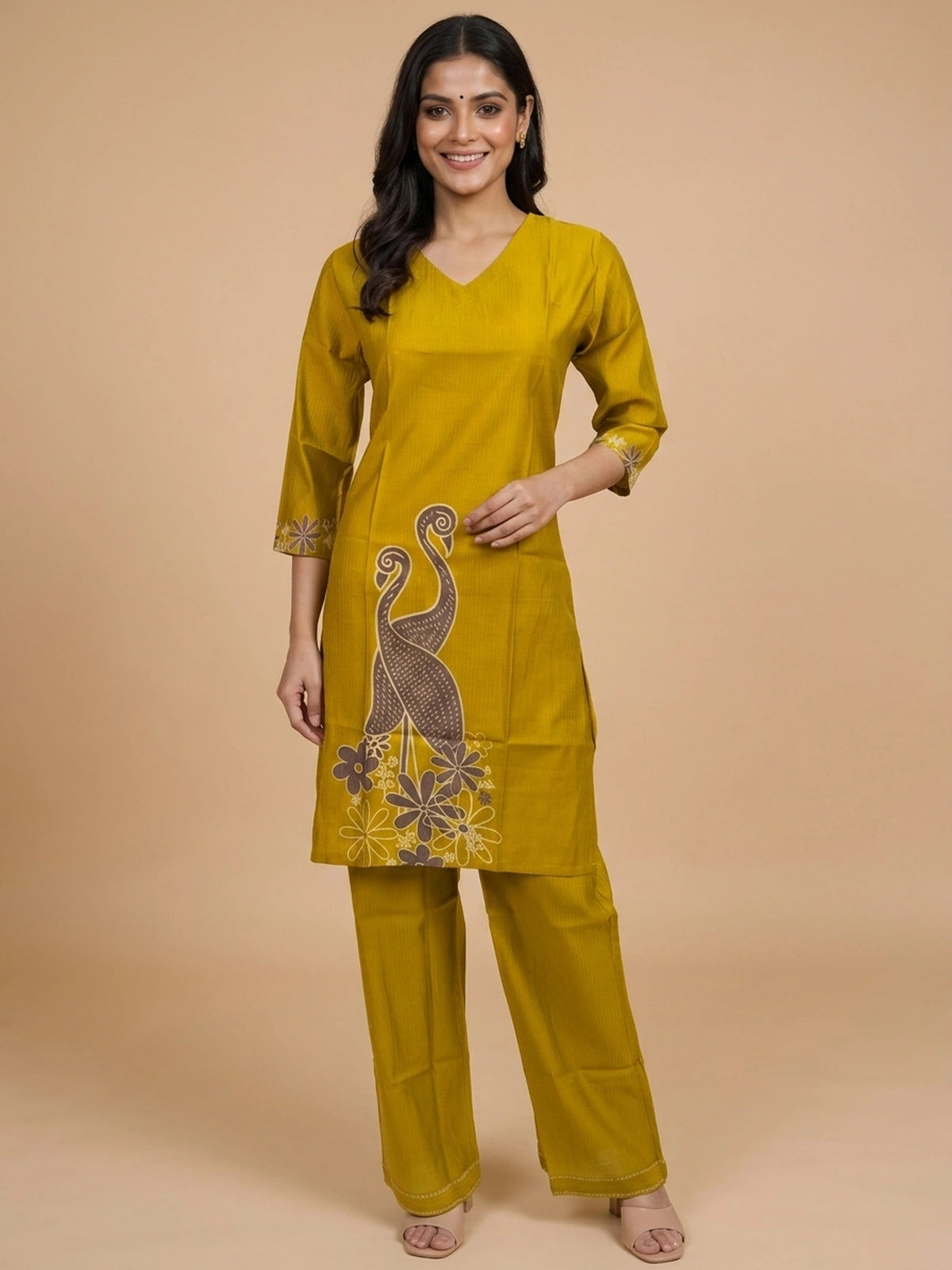 Mustard yellow peacock printed cotton co-ord kurti set with straight-fit pants
