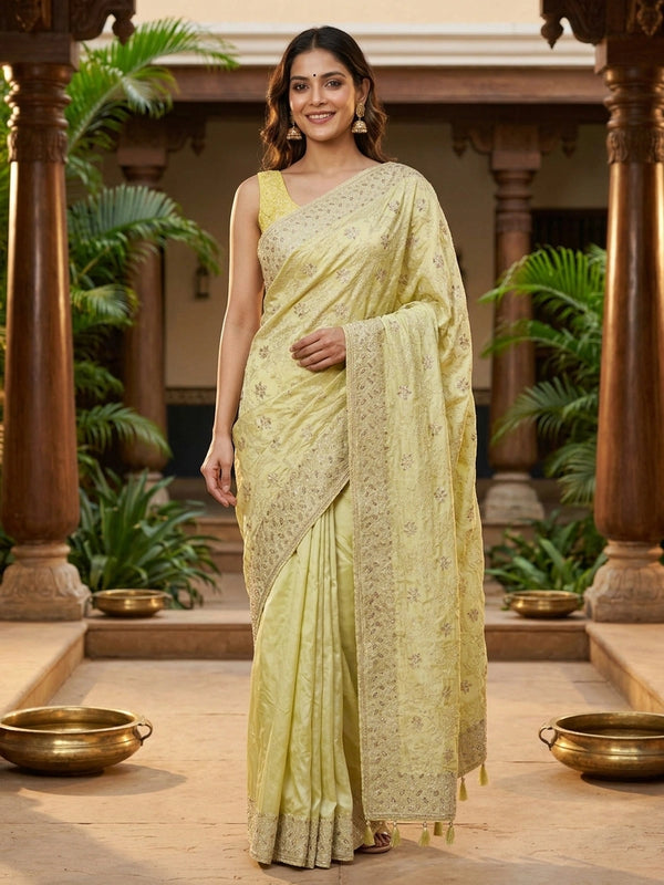 Lemon yellow designer art silk saree with all-over floral embroidery and sequin work