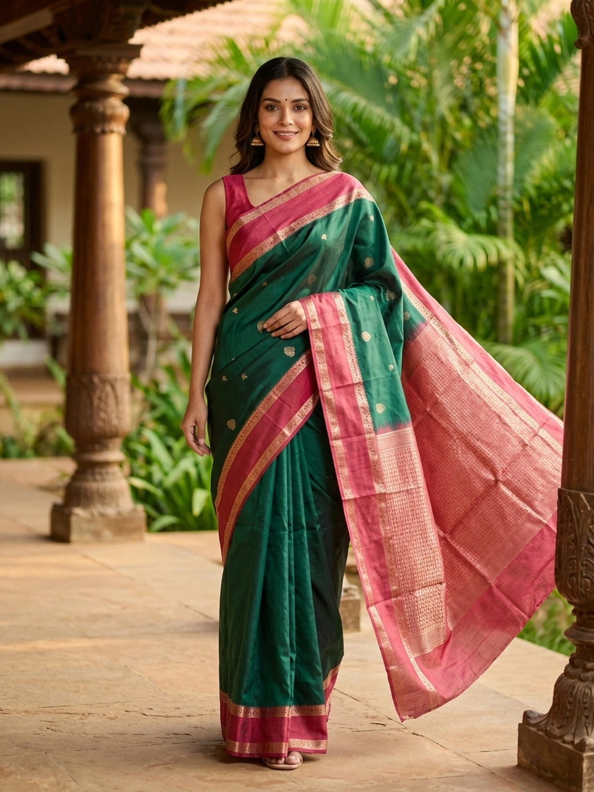 Bottle Green and Maroon Semi Silk Saree