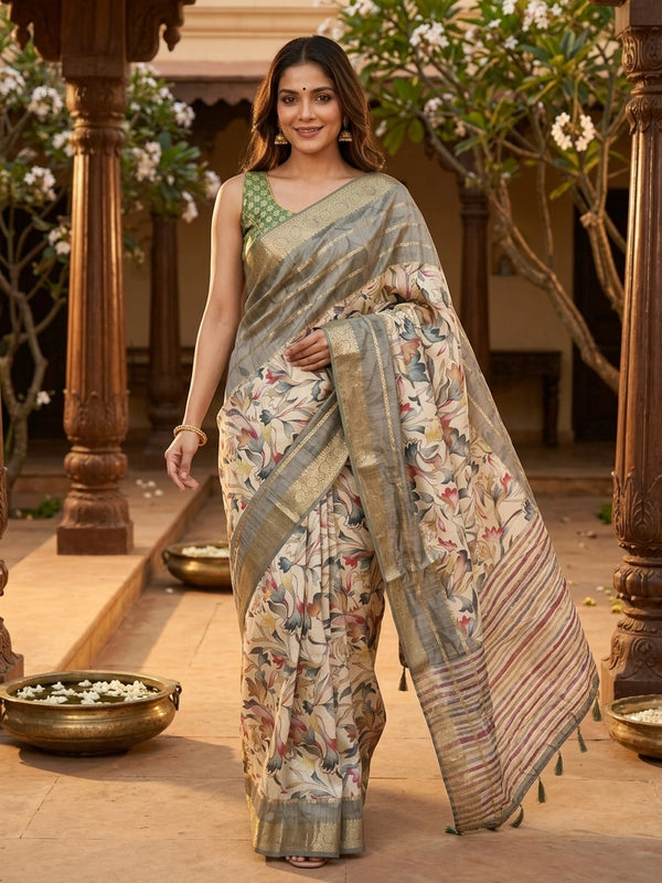 Cream semi tussar saree with multicolour floral print and grey gold zari border