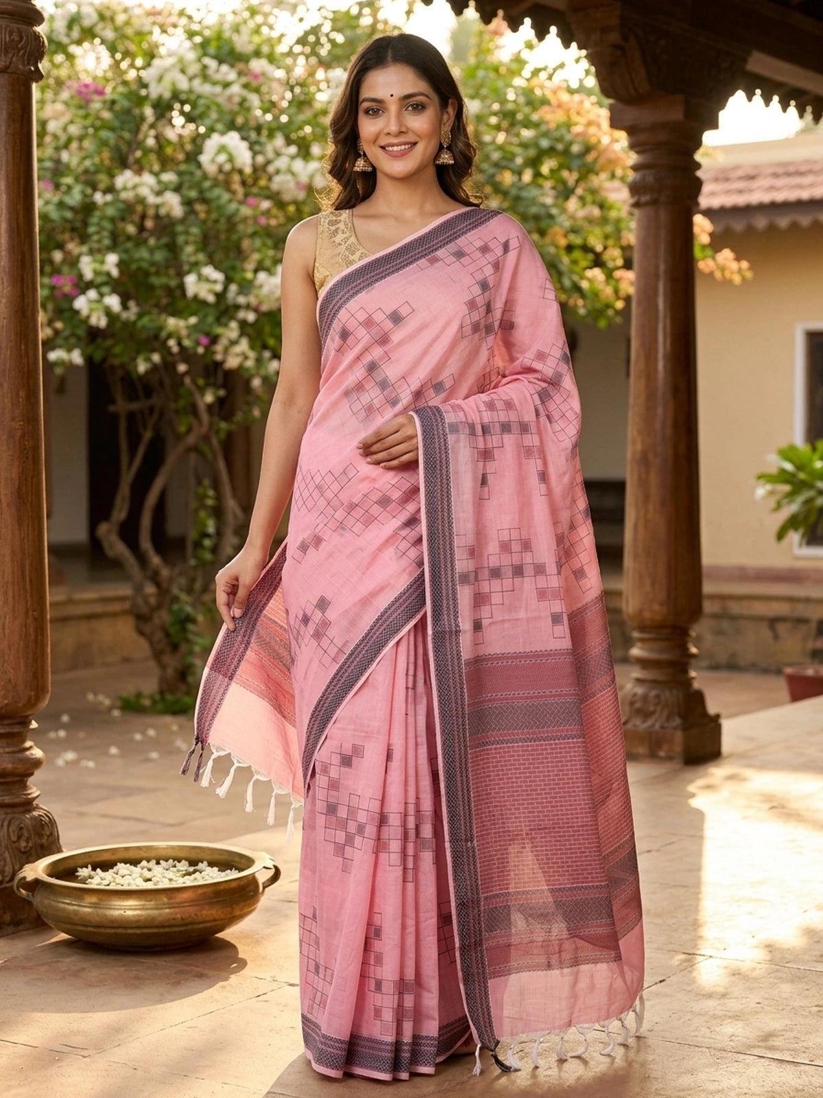 Pink silk cotton saree with grey geometric motifs and contrast border