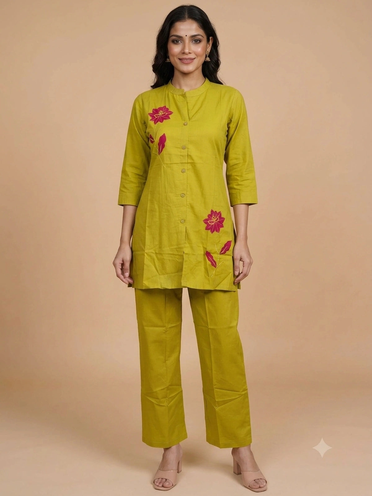 Lime green cotton co-ord kurti set with contrast pink floral embroidery and matching straight pants