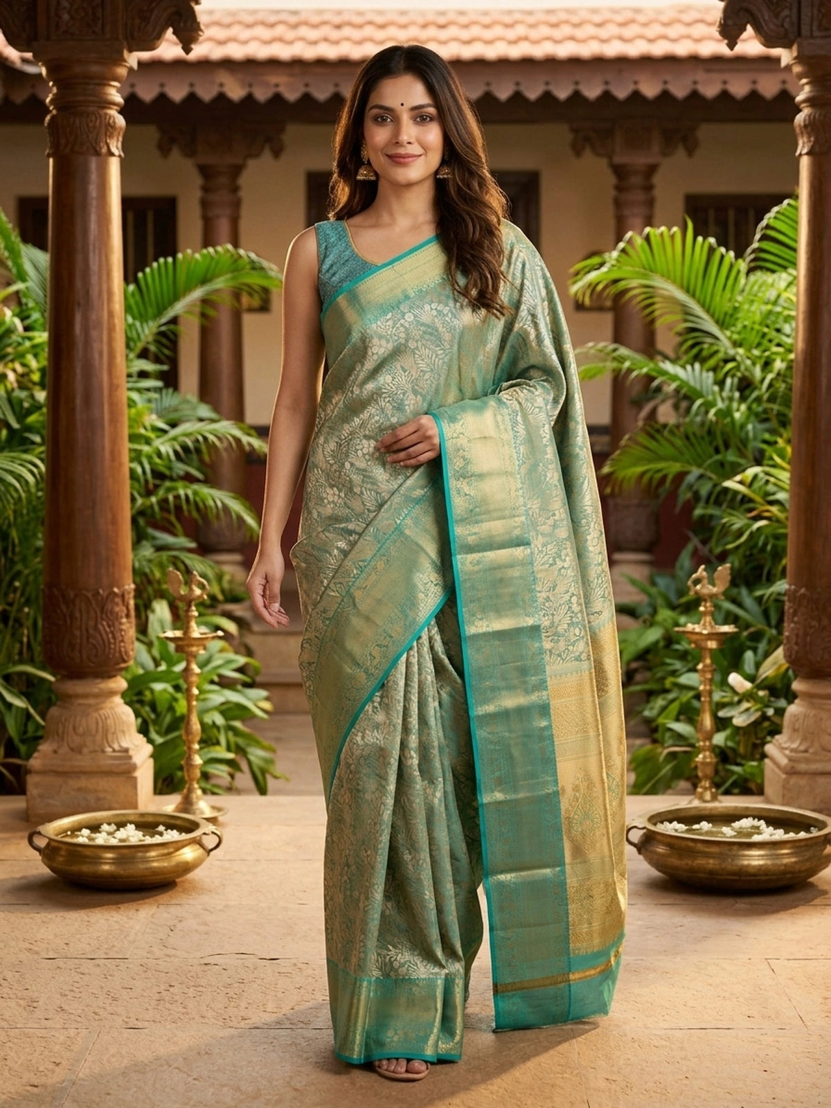 Teal Green and Gold Pure Kanchipuram Silk Saree