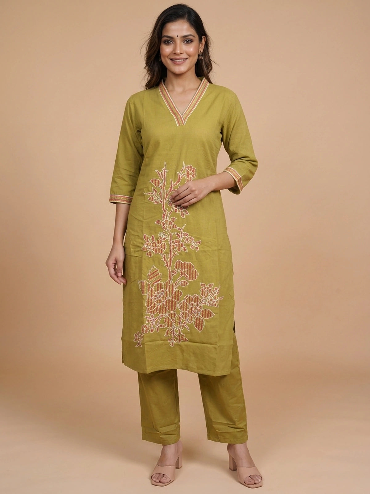 Mehndi green cotton straight cut kurti set with multicolour floral embroidery and cream dupatta