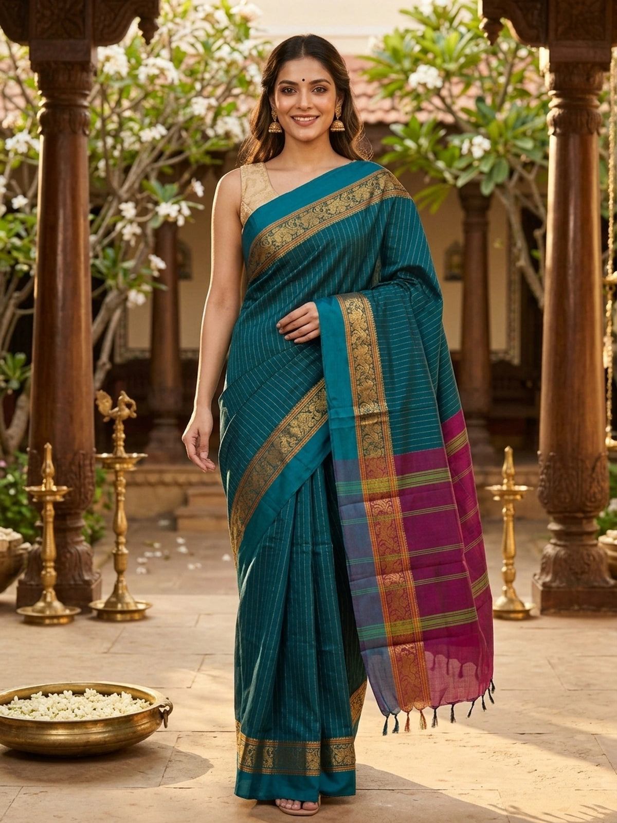 Teal blue Chettinad cotton saree with green pinstripes, gold zari border and contrast magenta pallu