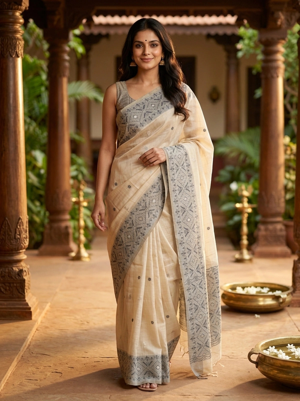 Cream and Grey Linen Cotton Saree