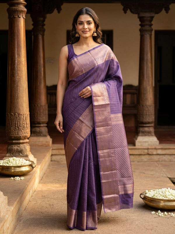 Purple and gold pure Kanchipuram silk saree with zari stripes, contrast border and ornate zari pallu