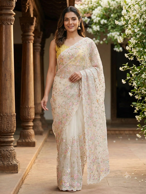 Cream net designer saree with pastel multicolour floral embroidery and scalloped border