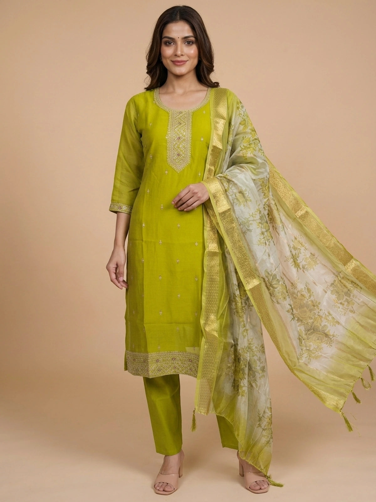 Mehendi Green Chanderi Silk Zari Embroidered Straight Cut Kurti Set with floral organza dupatta