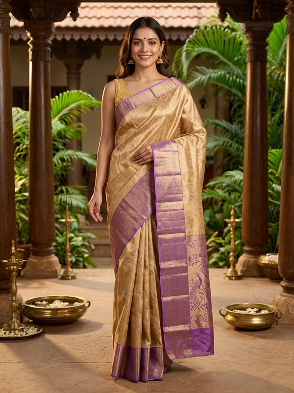 Gold pure Kanchipuram silk saree with contrast lavender zari border and peacock motif pallu