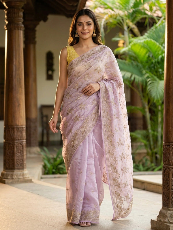 Lavender organza designer saree with gold floral zari and sequin embroidery and scrolled border