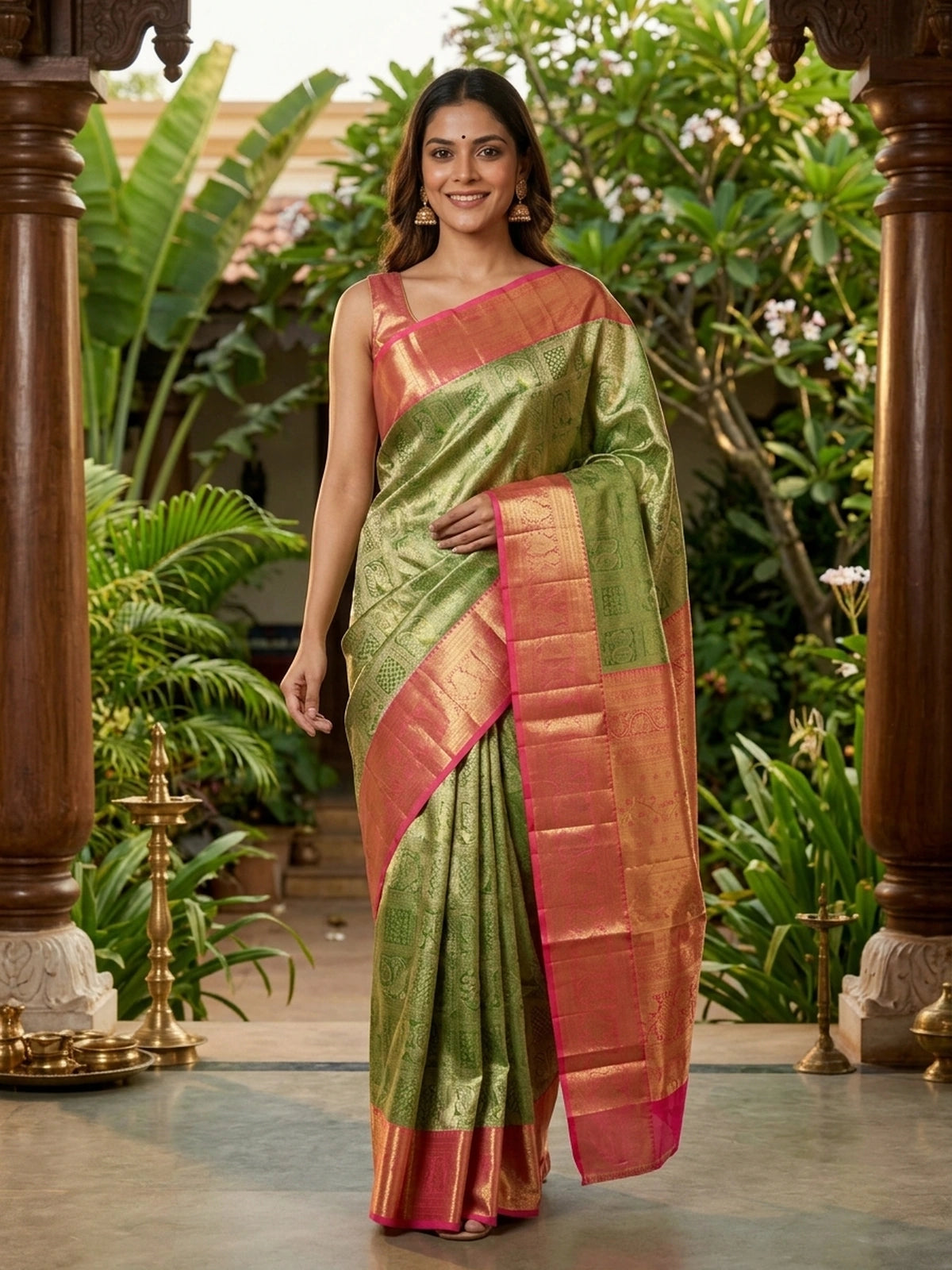 Green pure Kanchipuram silk saree with contrast pink border and gold zari brocade body and pallu