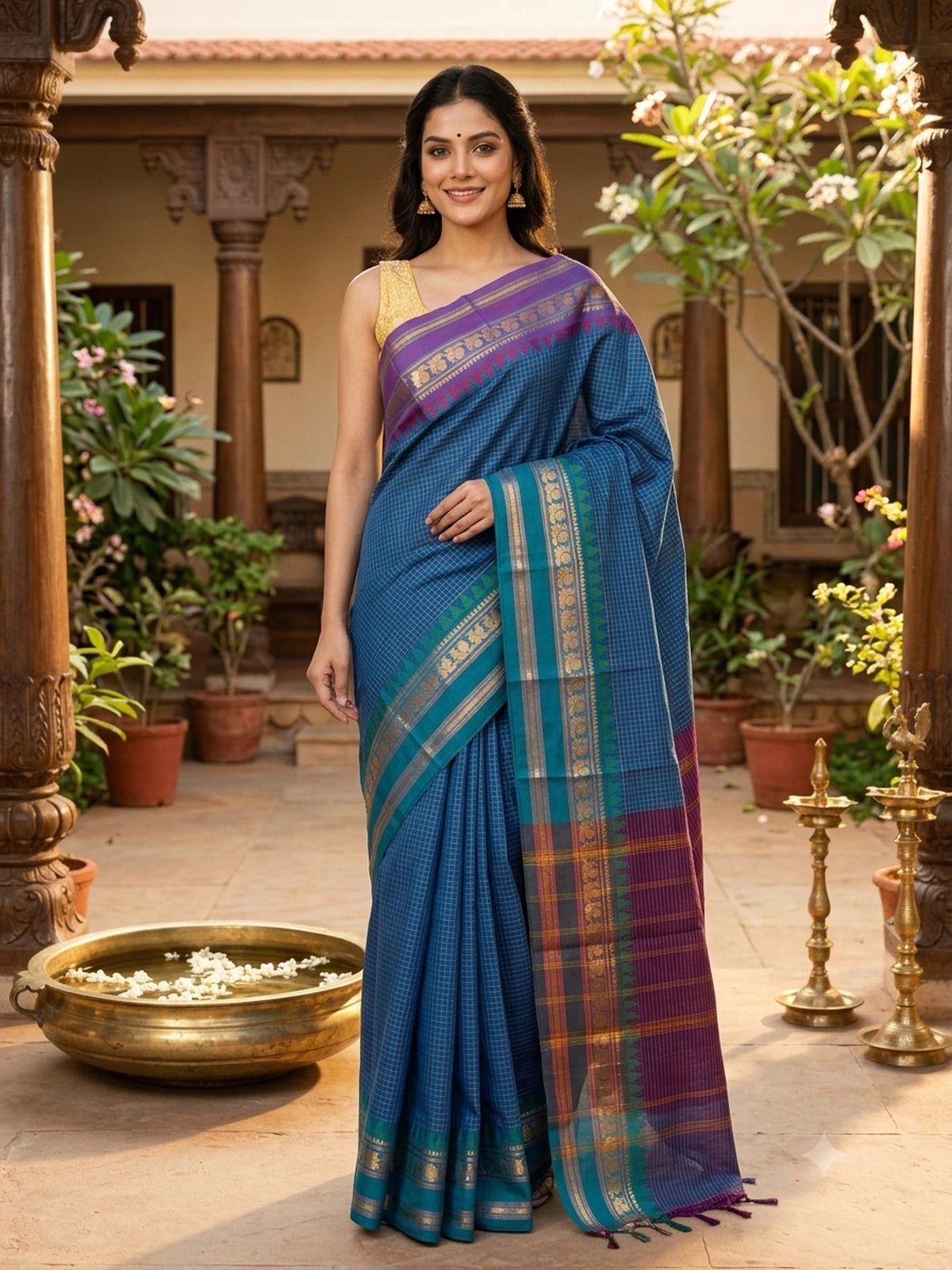 Peacock Blue and Purple Chettinad Cotton Saree