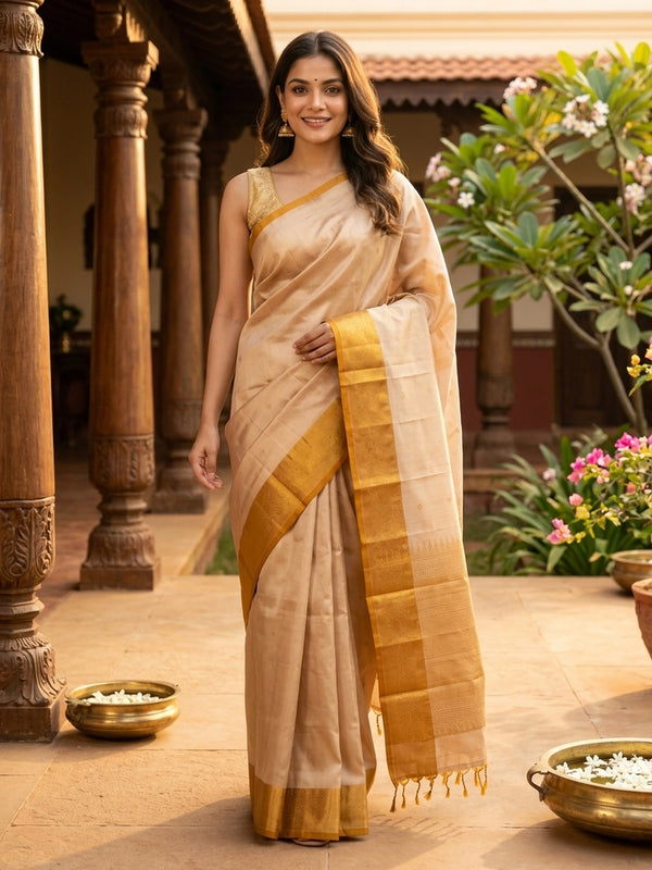 Cream Kanchipuram Pure Mix saree with mustard-gold zari border and pallu