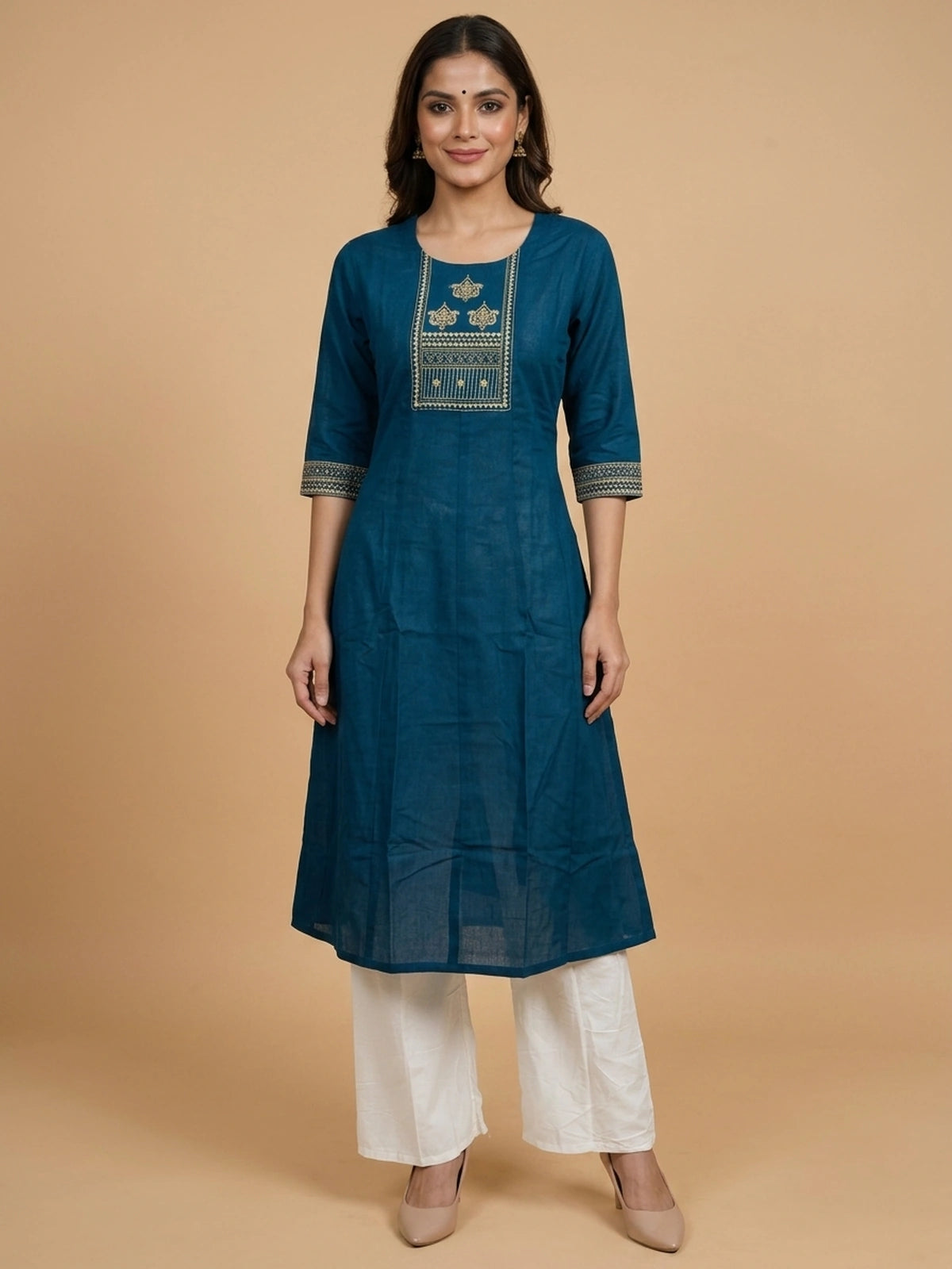 Teal Blue Cotton Embroidered Anarkali Kurti with gold and green zari yoke work