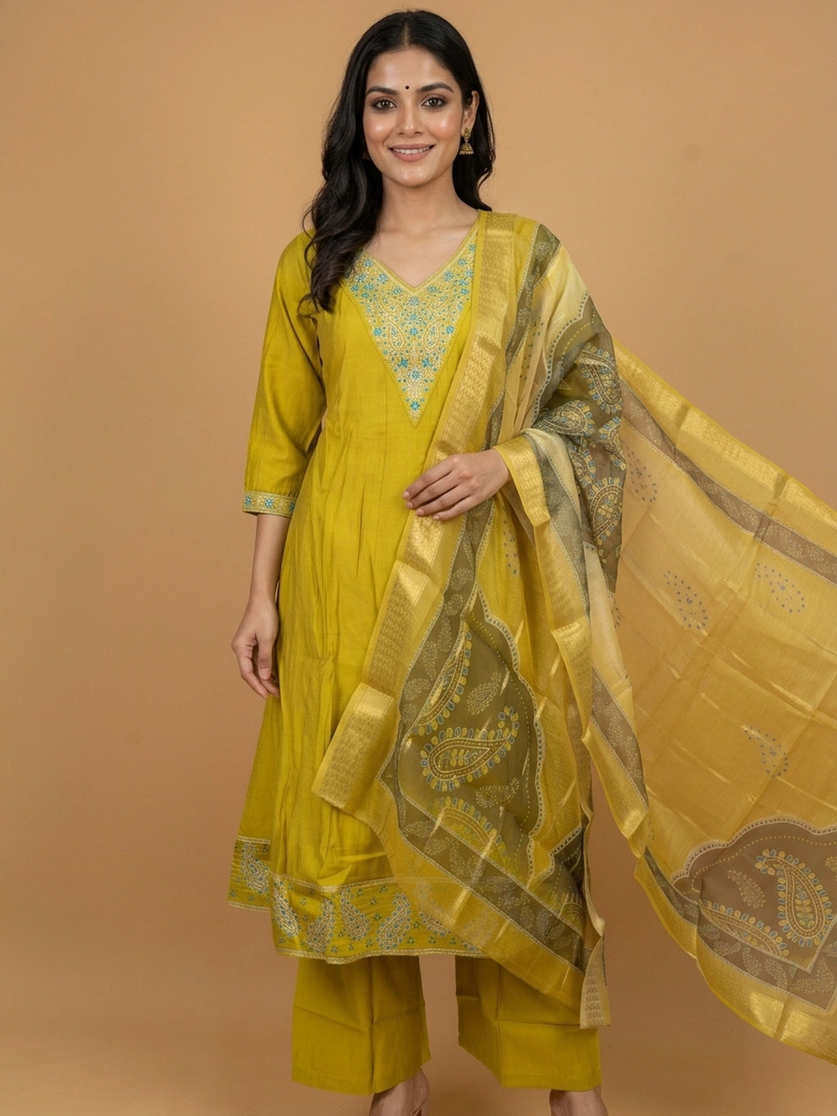 Mustard Yellow embroidered art silk A-line kurti set with turquoise neckline embroidery and paisley print dupatta