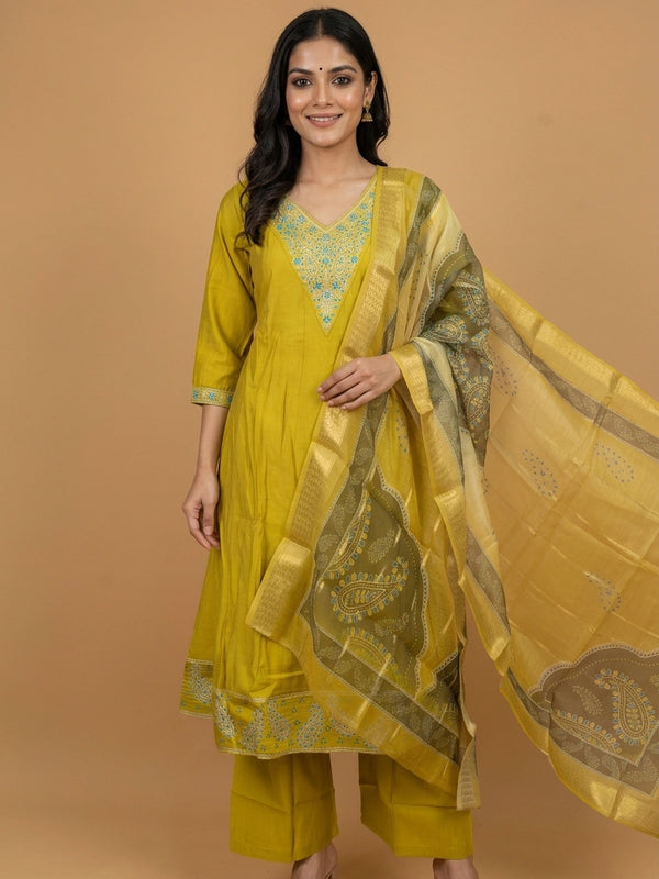 Mustard Yellow embroidered art silk A-line kurti set with turquoise neckline embroidery and paisley print dupatta