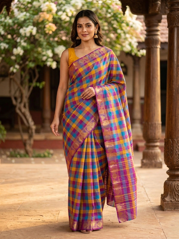 Multicolour checked Chettinad cotton saree with contrast magenta gold zari border