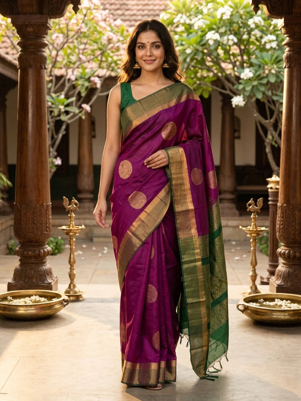 Magenta purple pure silk cotton saree with contrast green gold zari border and buttas