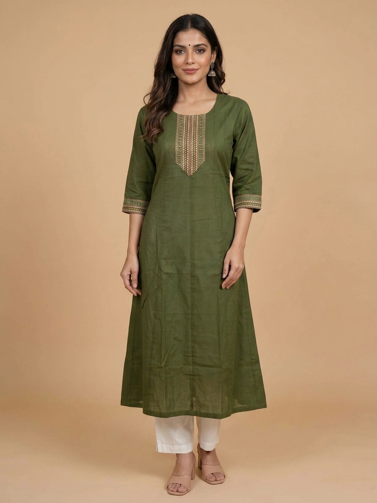 Mehendi green cotton Anarkali kurti top with gold zari embroidered front placket and 3/4th sleeves