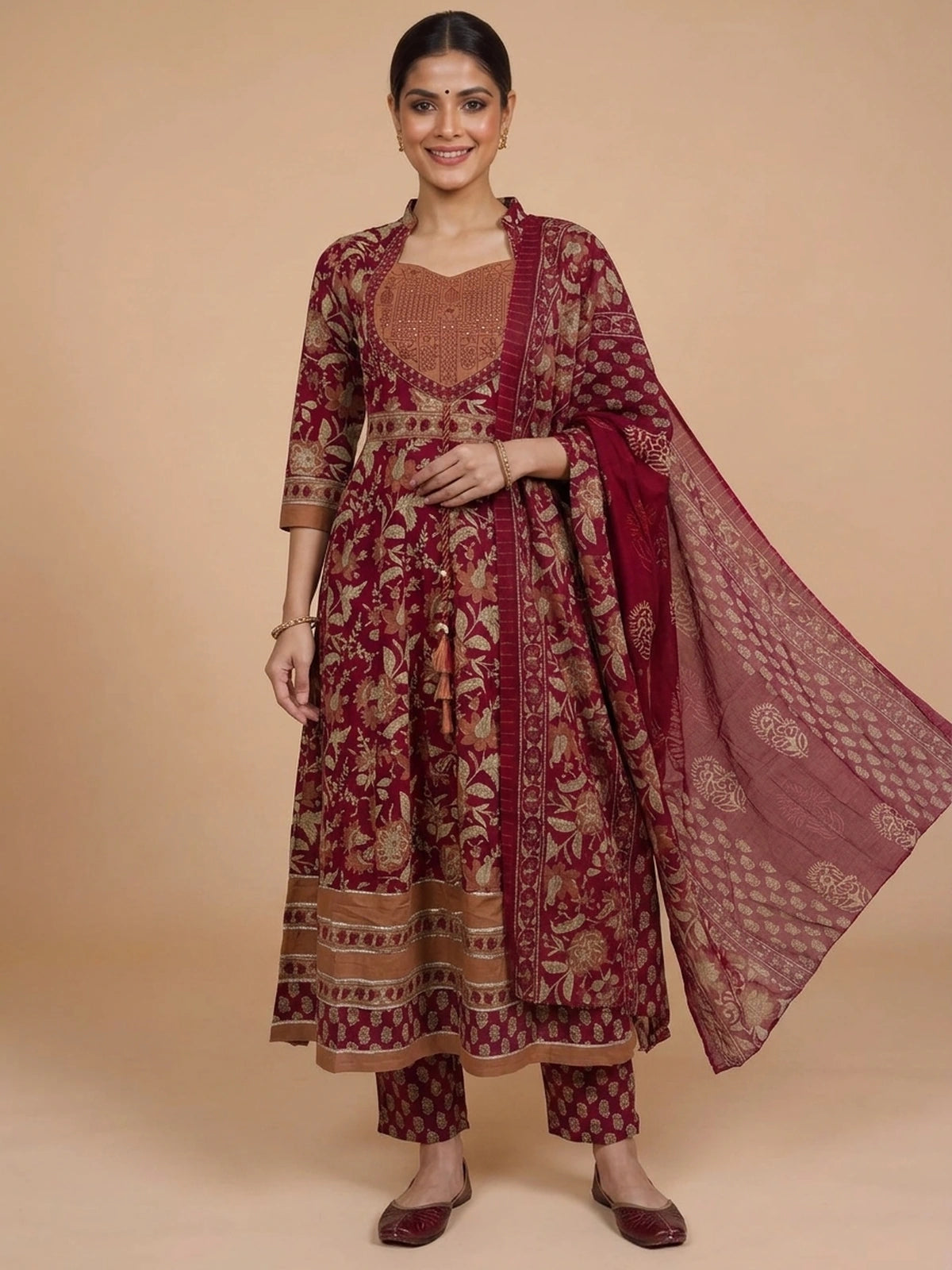 Maroon floral print cotton Anarkali kurti set with mirror work yoke, pants and dupatta