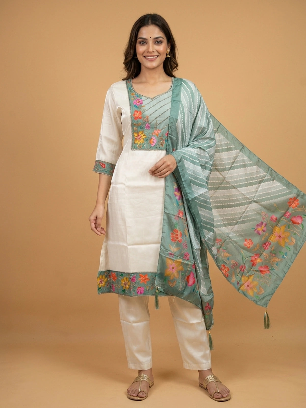 Off-White silk blend straight cut kurti set with sage green floral hand-painted embroidered yoke and matching dupatta